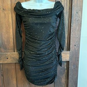 Black sparkle ruched dress with sheer sleeves